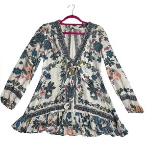 Free People Floral Boho Tunic Top Size 2 Long Sleeve Tie Front Ruffle Hem‎